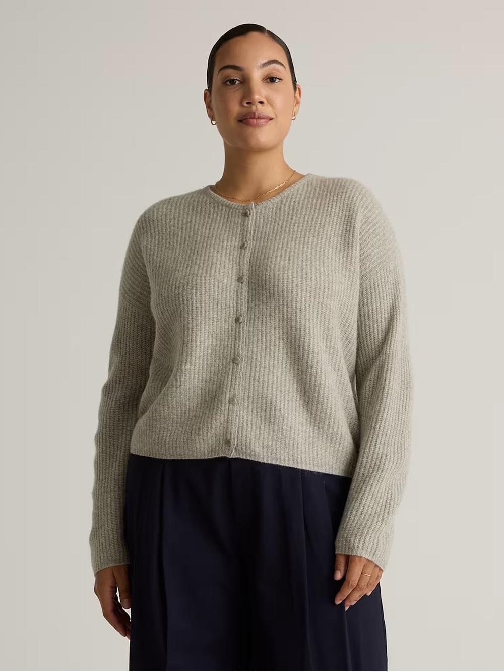 Quince Ribbed Crewneck Button-Front Cardigan - Light Gray